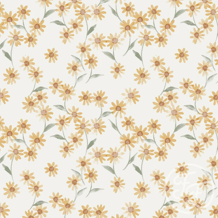 55" Remnant - Happy Flowers Yellow - Cotton Jersey Knit