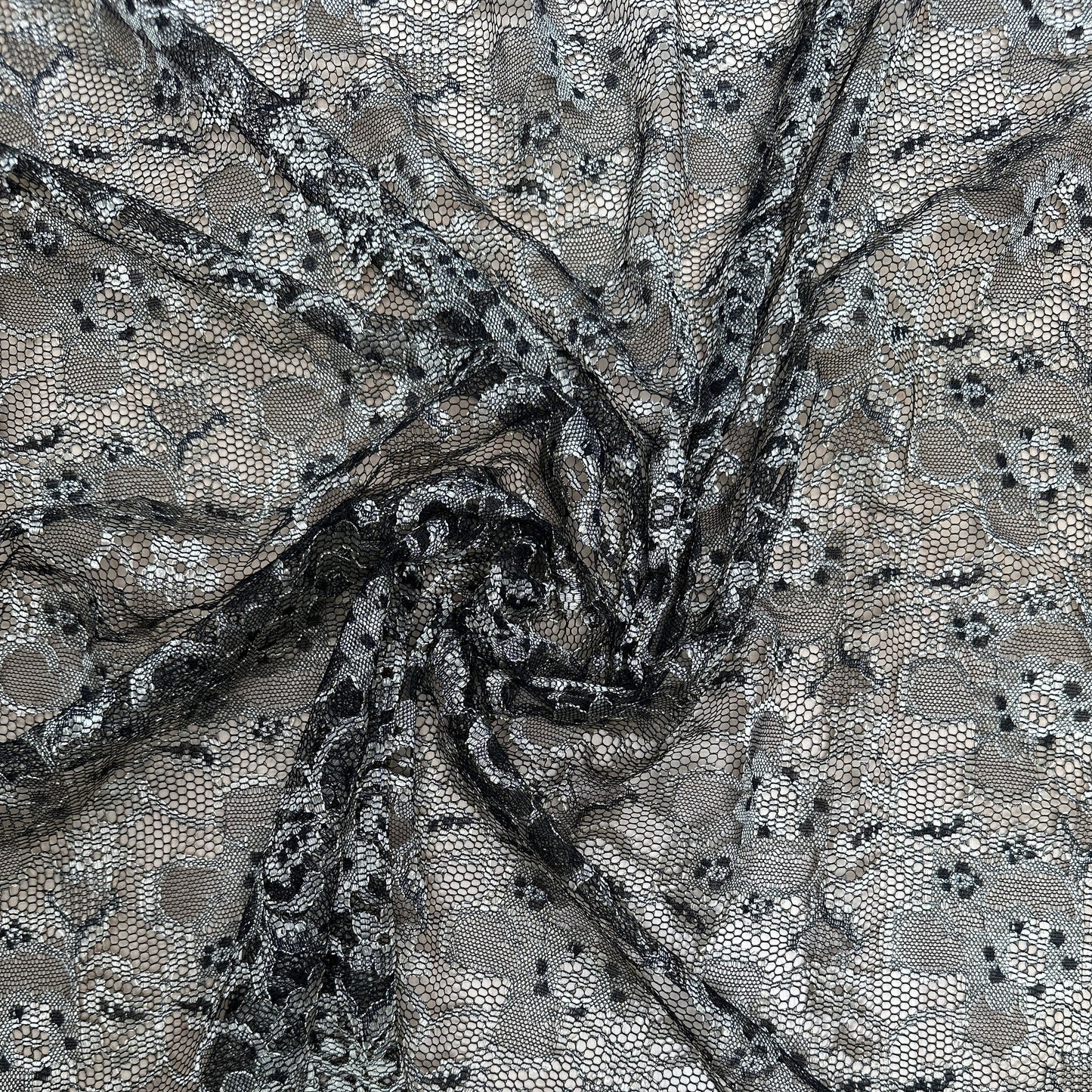 Gold and Black Nylon Floral Lace - Metallic Foil - Deadstock