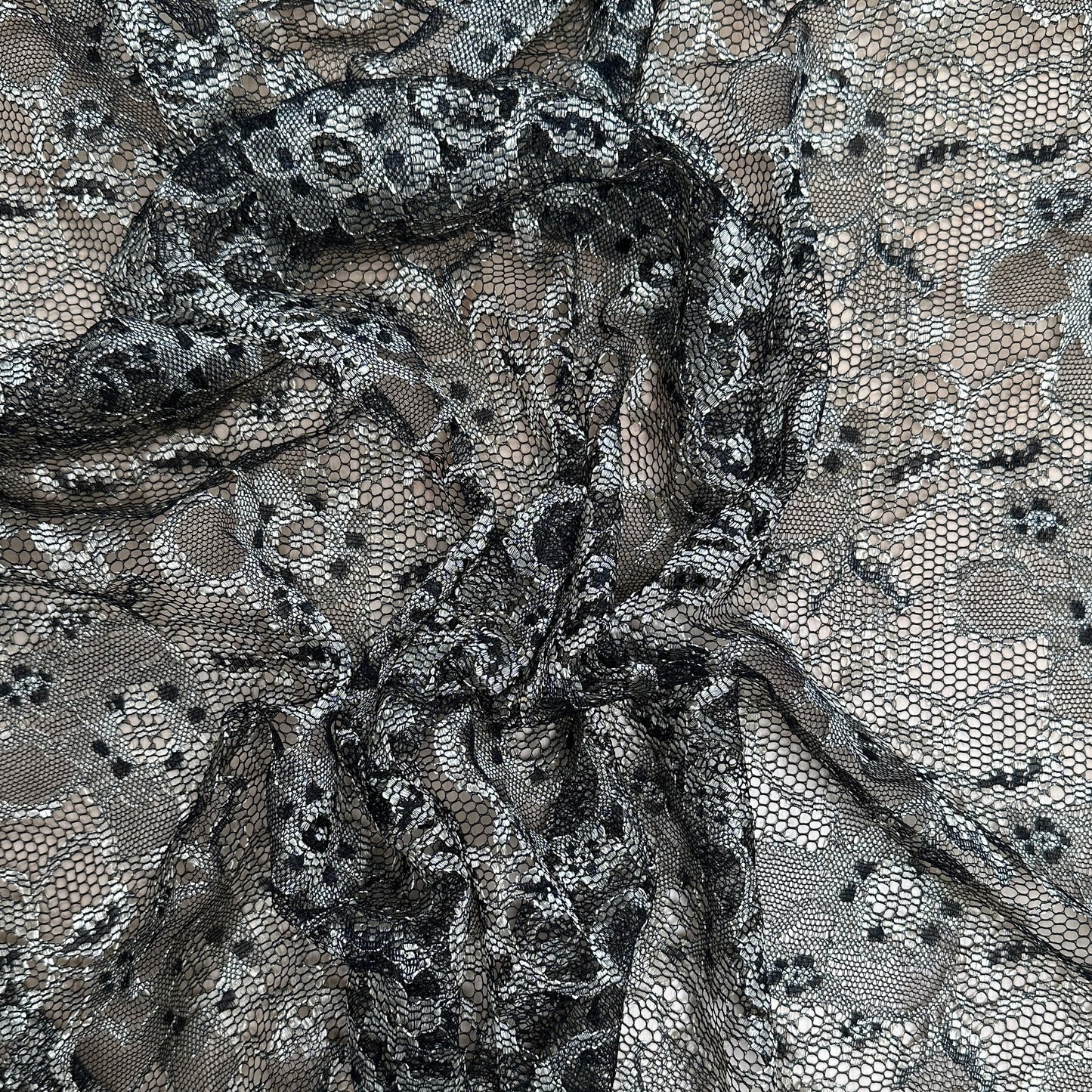 Gold and Black Nylon Floral Lace - Metallic Foil - Deadstock
