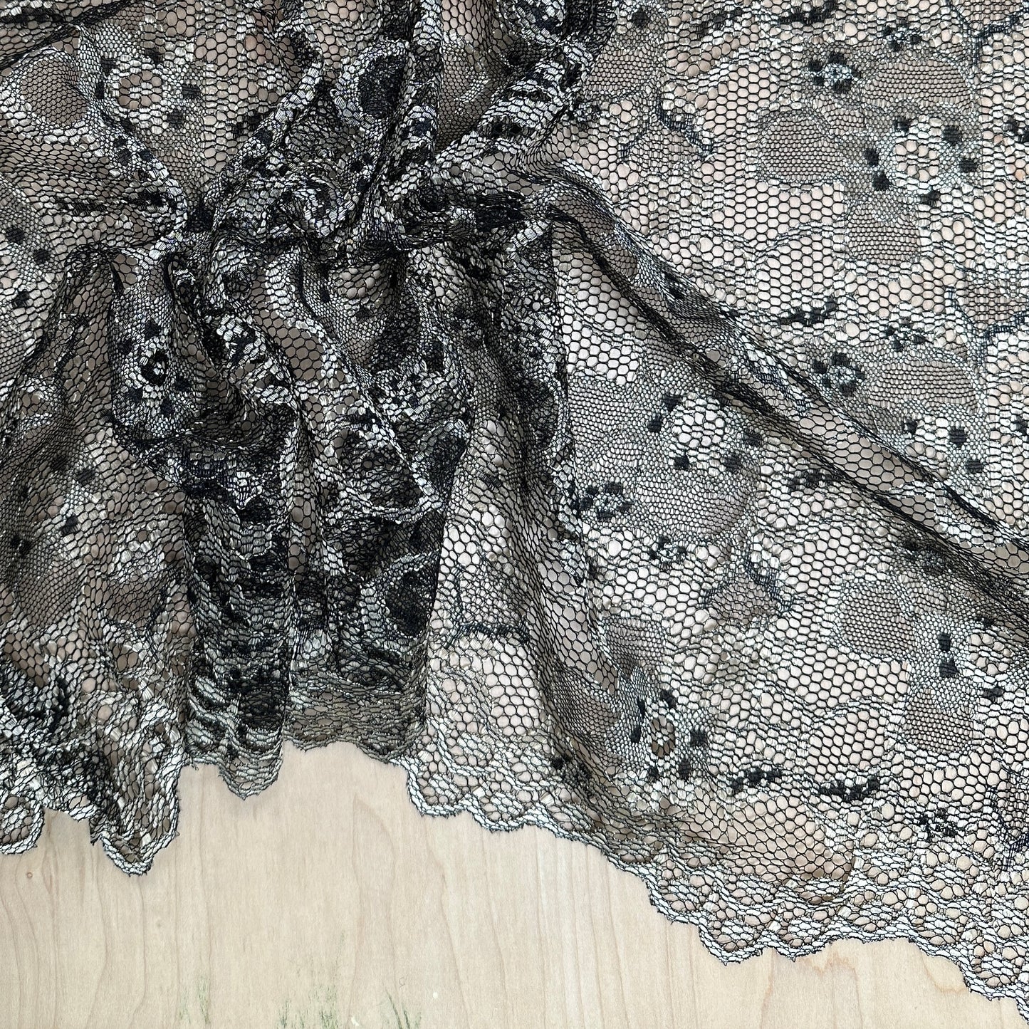 Gold and Black Nylon Floral Lace - Metallic Foil - Deadstock