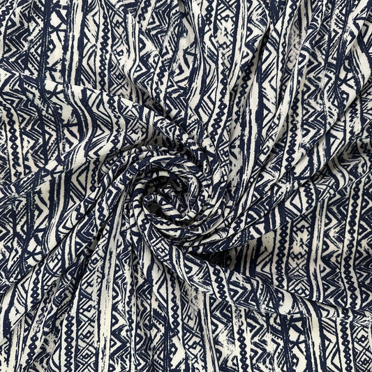 White & Navy Batik - Viscose Rayon Crepon