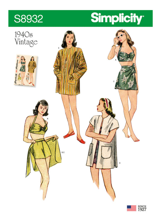 Simplicity - 1940s Misses' Sizes 4 - 12 - Vintage Bikini Top, Shorts, Wrap, Skirt and Coat