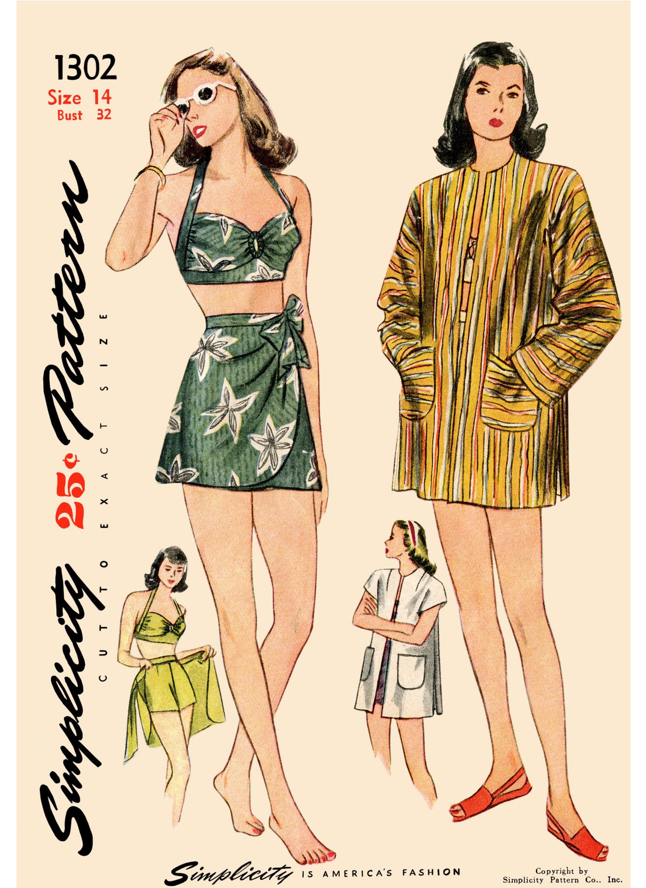 Simplicity - 1940s Misses' Sizes 4 - 12 - Vintage Bikini Top, Shorts, Wrap, Skirt and Coat