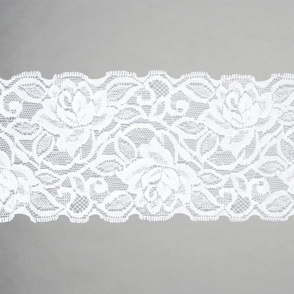 Rose Design Stretch Lace - Nylon / Spandex - White - 9cm x 4.5m (mini-spool)