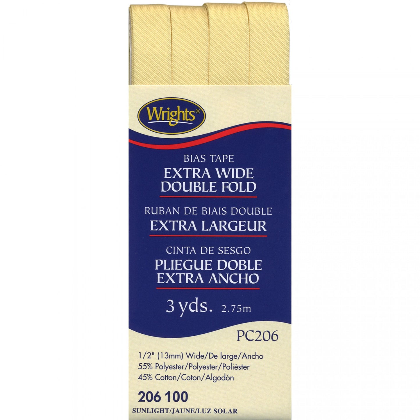 Wrights Extra Wide Double Fold Bias Tape 1/2" x 3 yds, 13mm, Sunlight #100