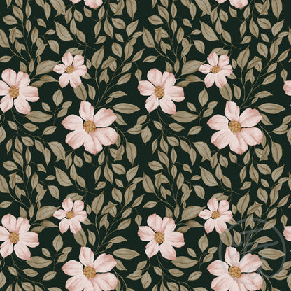 Peach Flowers - Small print - Dark Green - Cotton Jersey Knit