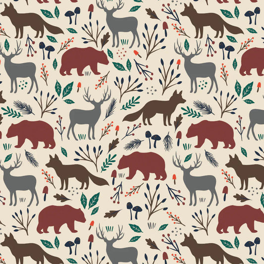 28" Remnant - Woodland Wildlife - Cream - Cotton FLANNEL Fabric