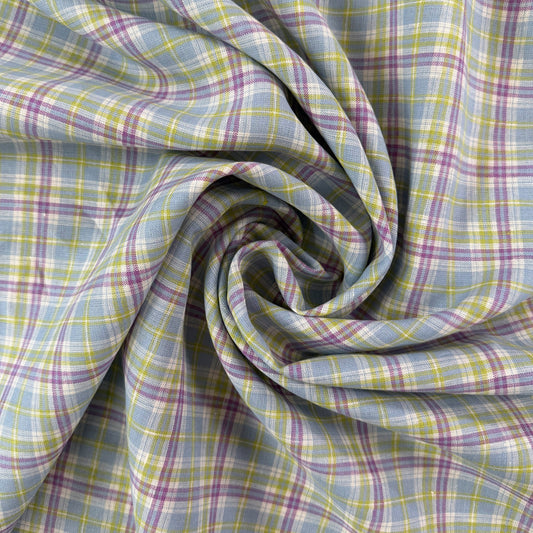 Yarn Dyed European Linen Plaid - Green, Purple & Blue Check