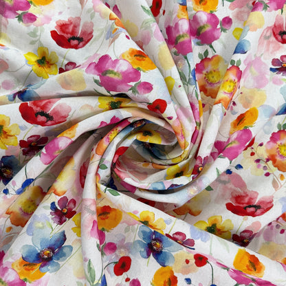 Watercolour Poppies - Yellow, Pink & Ivory -  Linen Blend Slub