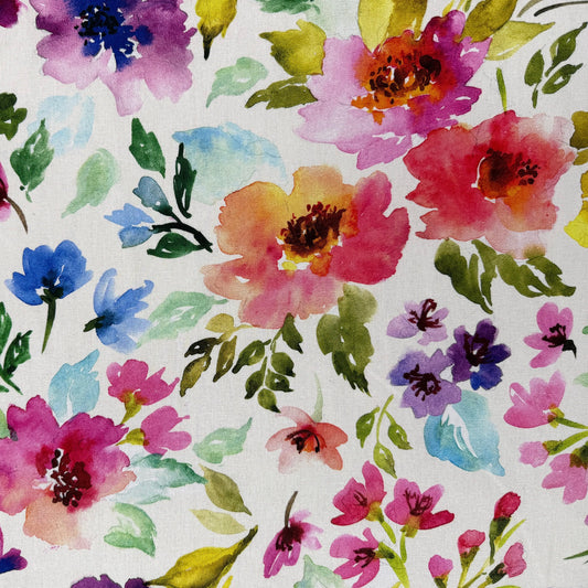 Large Watercolour Florals - Pink, Purple & Ivory -  Linen Blend Slub