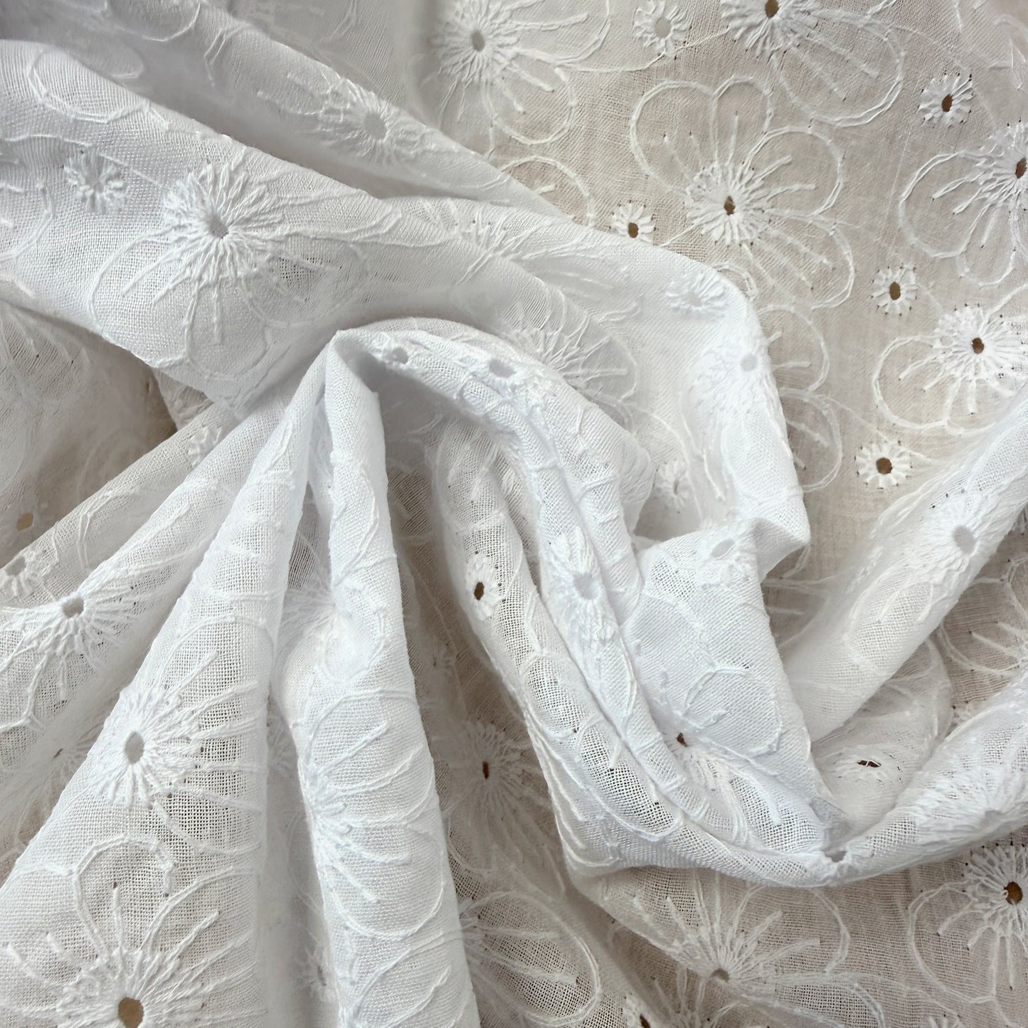 Embroidered Eyelet Cotton Voile - Medium Flowers - White