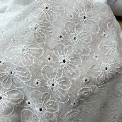 Embroidered Eyelet Cotton Voile - Medium Flowers - White