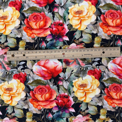 Linen Rayon Slub - Black & Red Florals