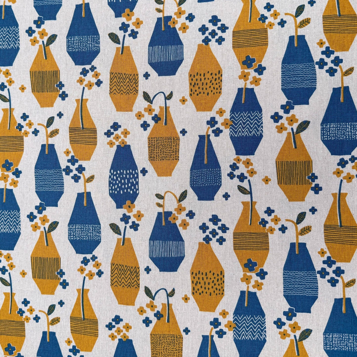 Cotton Linen Fabric - Blue & Yellow Vases -  Sevenberry - Handworks