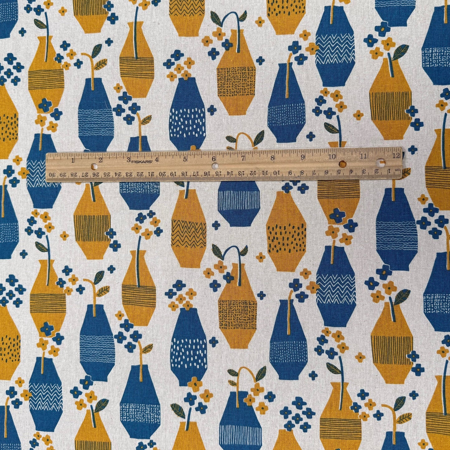 Cotton Linen Fabric - Blue & Yellow Vases -  Sevenberry - Handworks