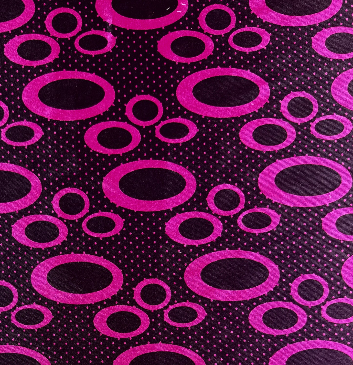 Stretch Polyester Satin  - Magenta & Black Circles - Deadstock