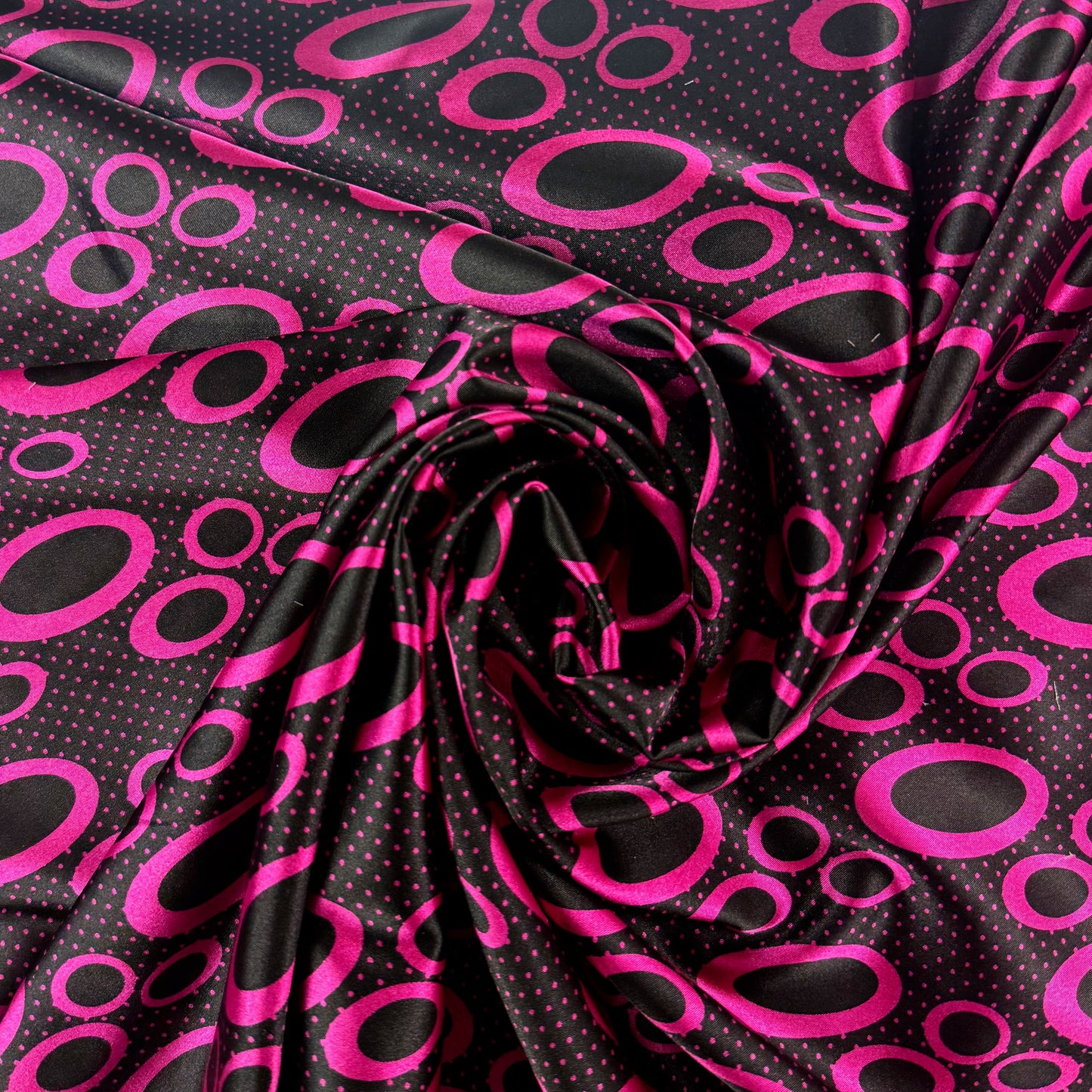 Stretch Polyester Satin  - Magenta & Black Circles - Deadstock
