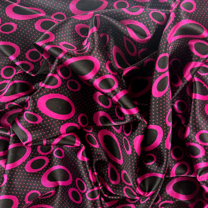 Stretch Polyester Satin  - Magenta & Black Circles - Deadstock