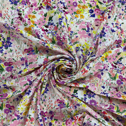 Watercolour Florals - Pink & Multi -  Linen Blend Slub