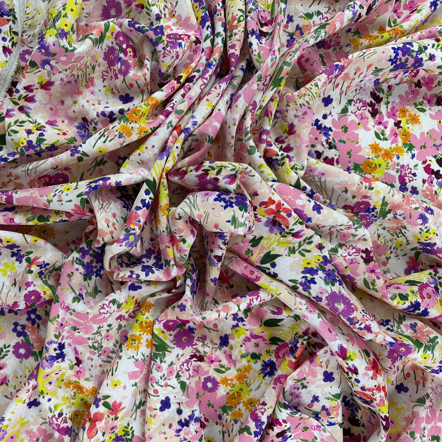 Watercolour Florals - Pink & Multi -  Linen Blend Slub
