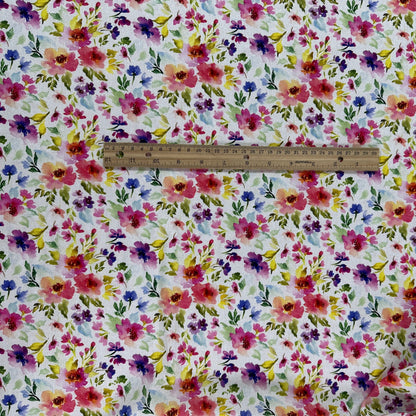 Watercolour Florals - White, Pink & Green -  Linen Blend Slub