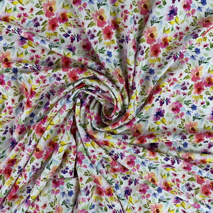 Watercolour Florals - White, Pink & Green -  Linen Blend Slub