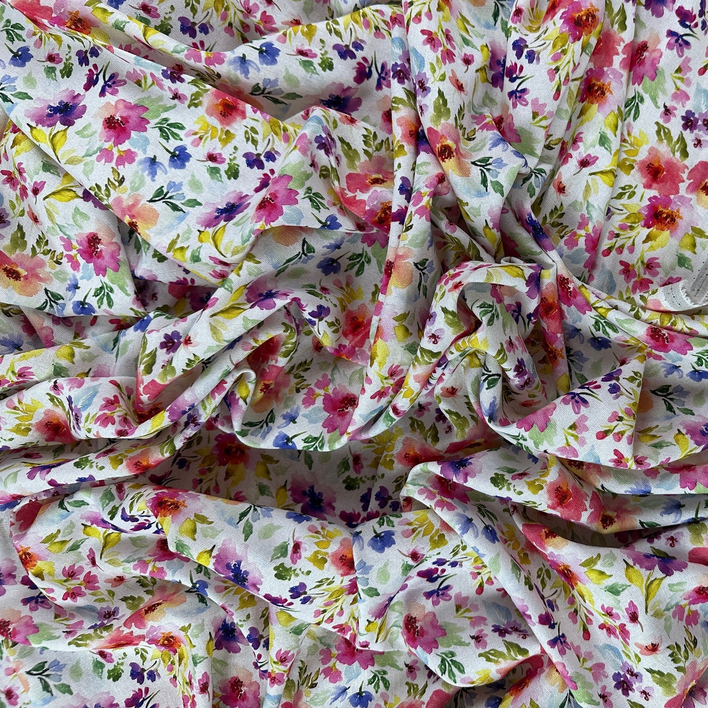 Watercolour Florals - White, Pink & Green -  Linen Blend Slub