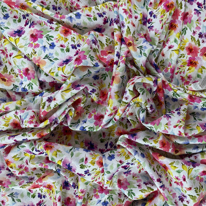 Watercolour Florals - White, Pink & Green -  Linen Blend Slub