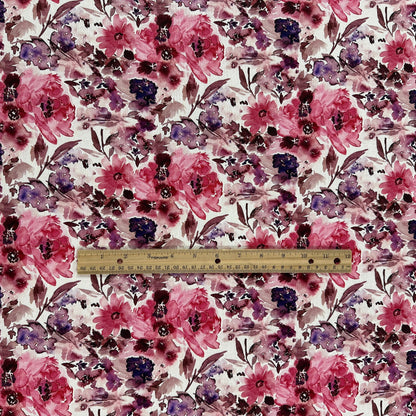 Watercolour Florals - White, Pink & Purple -  Linen Blend Slub