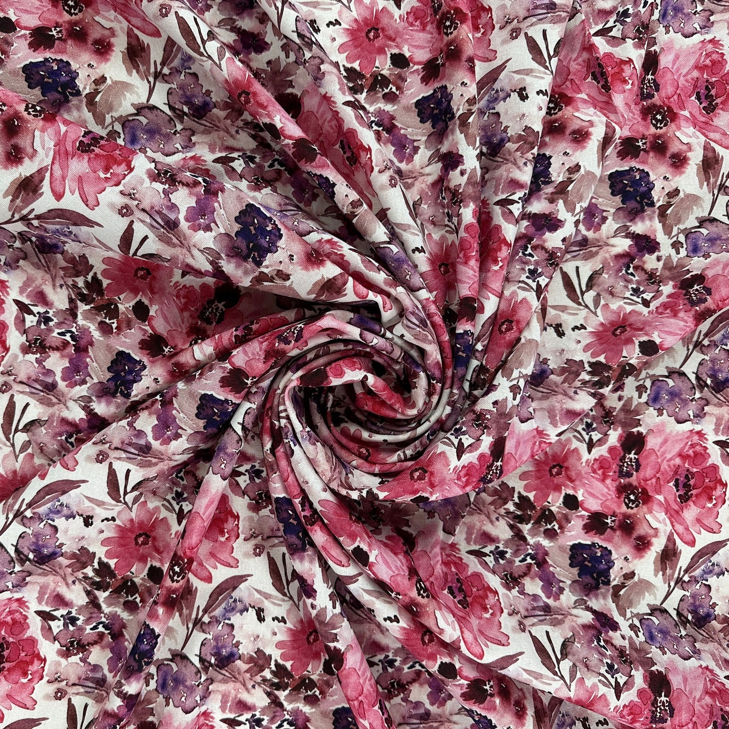 Watercolour Florals - White, Pink & Purple -  Linen Blend Slub