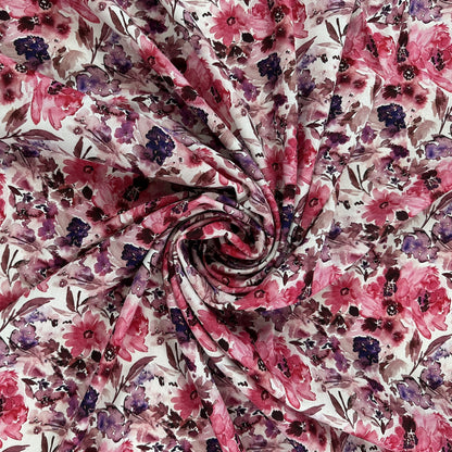 Watercolour Florals - White, Pink & Purple -  Linen Blend Slub