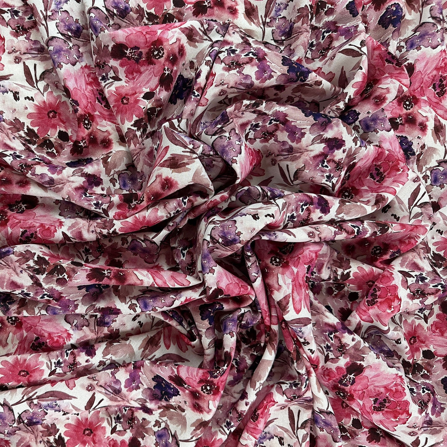 Watercolour Florals - White, Pink & Purple -  Linen Blend Slub