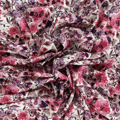 Watercolour Florals - White, Pink & Purple -  Linen Blend Slub