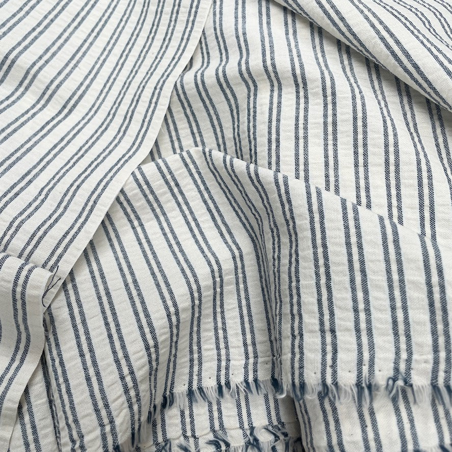 Nautic Double Stripes Cotton NAVY & ECRU - Crinkle Cotton