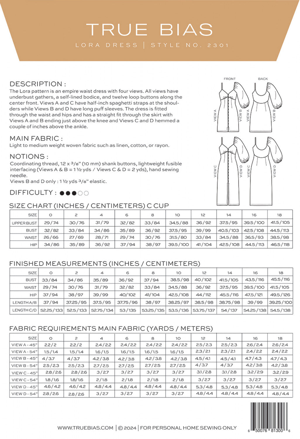 Lora Dress - 0 - 18 - By True Bias Patterns