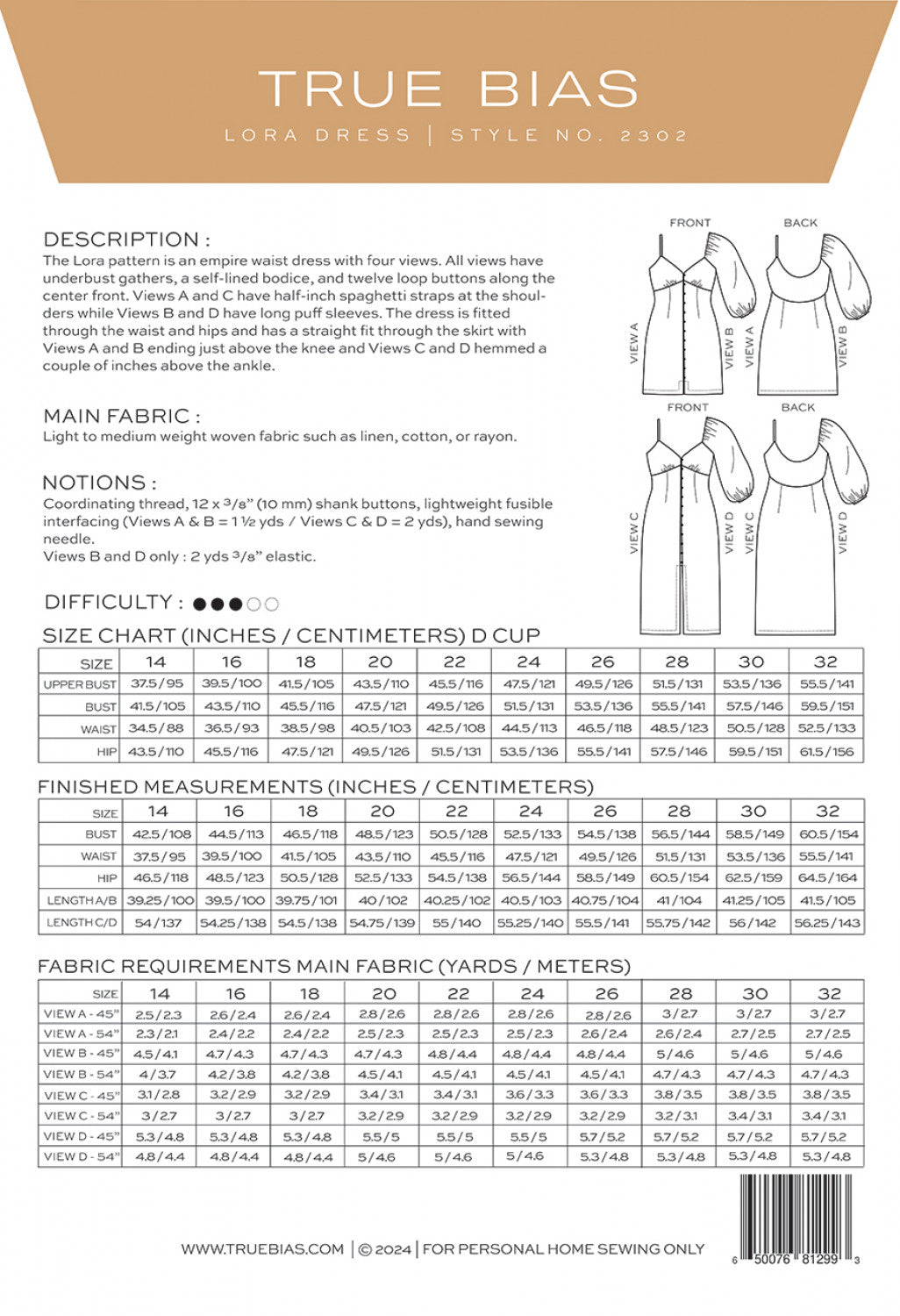 Lora Dress - 14 - 32 - By True Bias Patterns