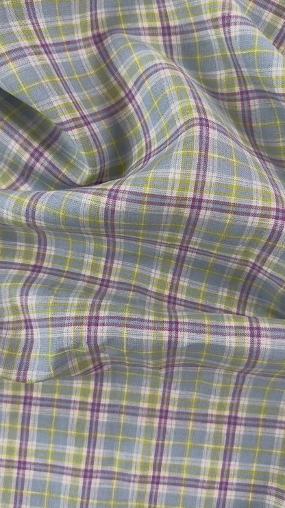 Yarn Dyed European Linen Plaid - Green, Purple & Blue Check