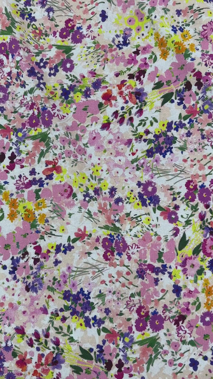 Watercolour Florals - Pink & Multi -  Linen Blend Slub