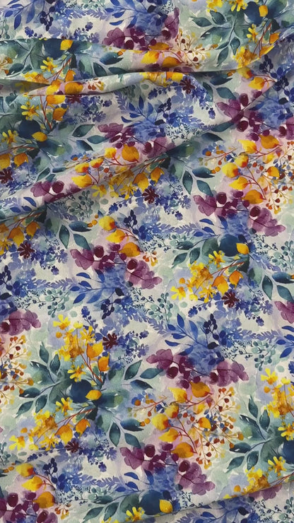 Watercolour Florals - Blue & Yellow -  Linen Blend Slub