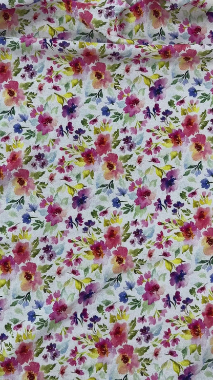 Watercolour Florals - White, Pink & Green -  Linen Blend Slub