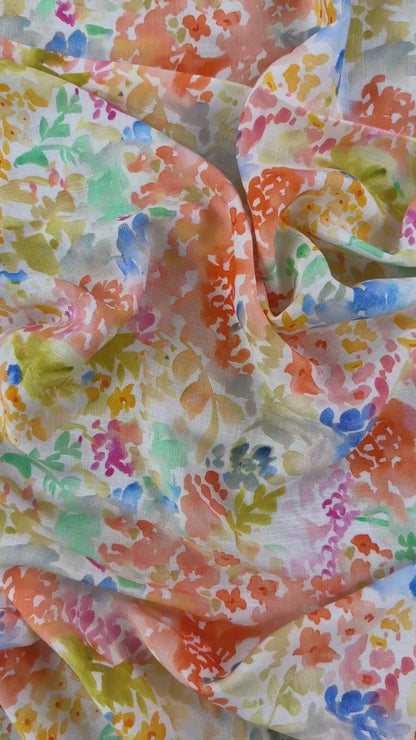 Rayon Slub Digital Print - Coral Watercolour Florals