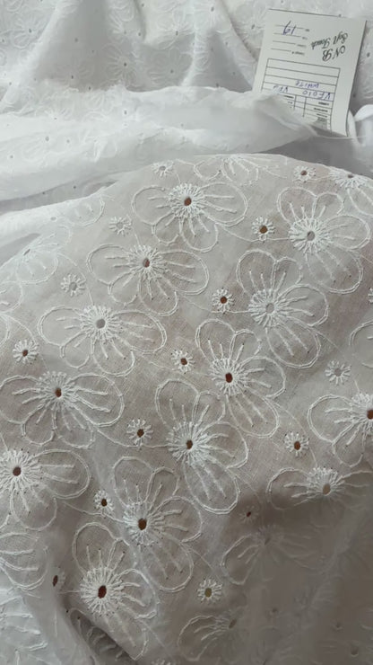 Embroidered Eyelet Cotton Voile - Medium Flowers - White