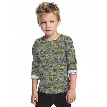 Dinosaur World - Dark Green - Digital Print - GOTS Certified Organic Cotton Euro Jersey Knit