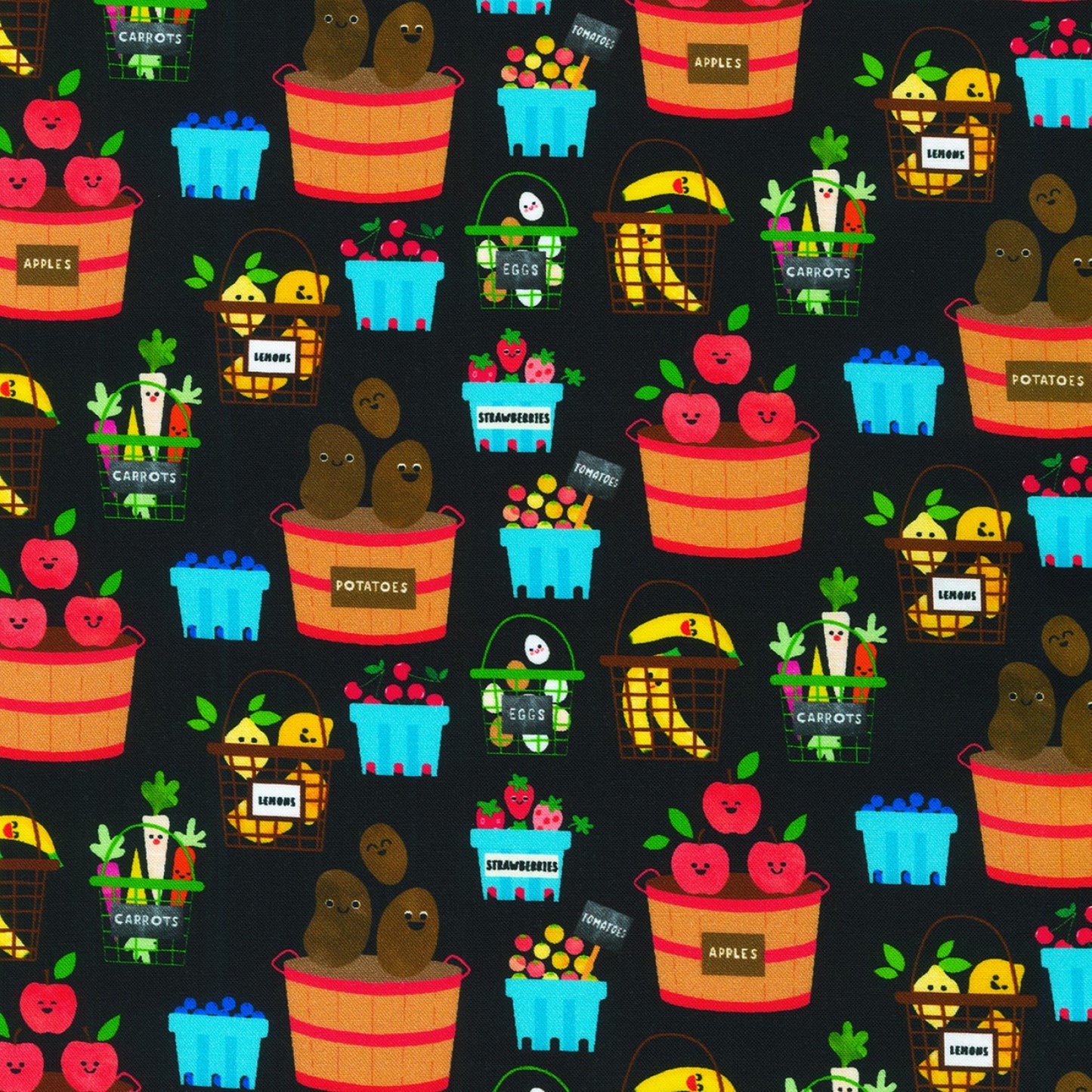 Produce - Farm to Table - Black - Ann Kelle - Digital Print - Cotton Fabric