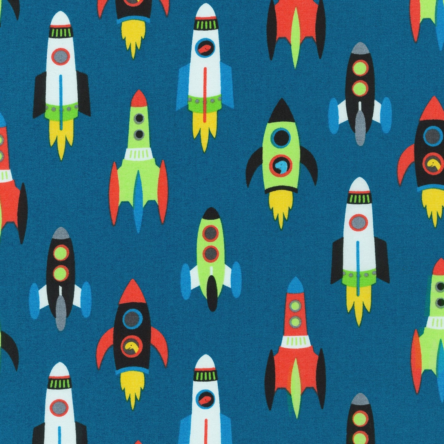 Dino-Soar - Space Rocket - Blue - Cotton Fabric