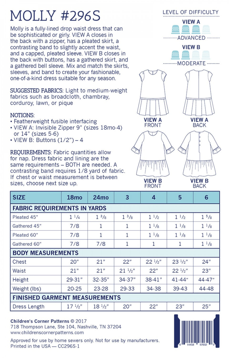 Children's Corner - Molly Dress Pattern - Sizes 6 month to 6 years