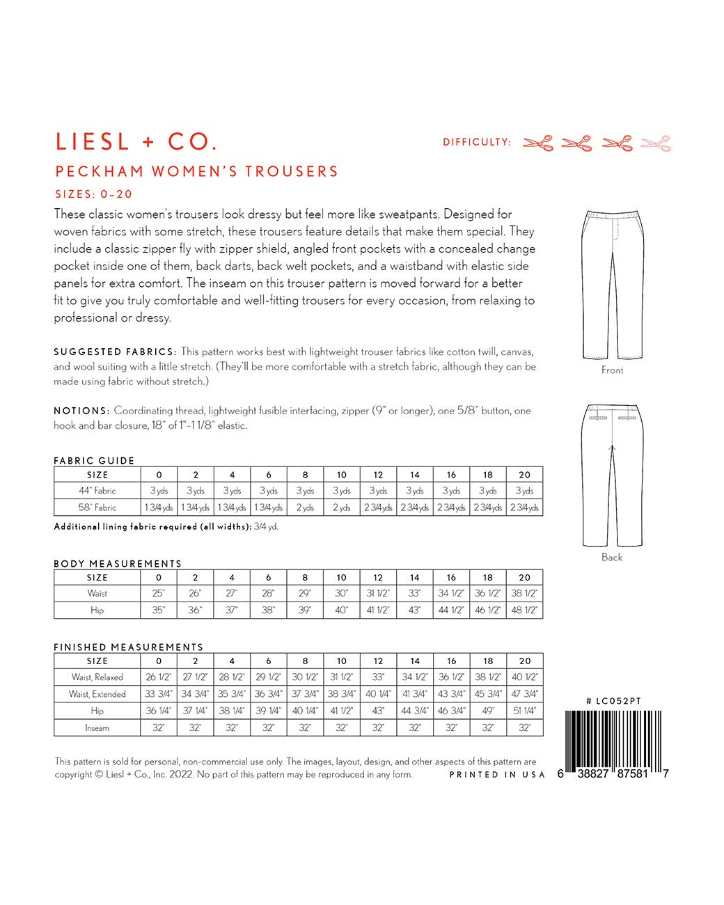 Liesl + Co - Peckham Women's Trousers Pattern