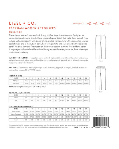 Liesl + Co - Peckham Women's Trousers Pattern