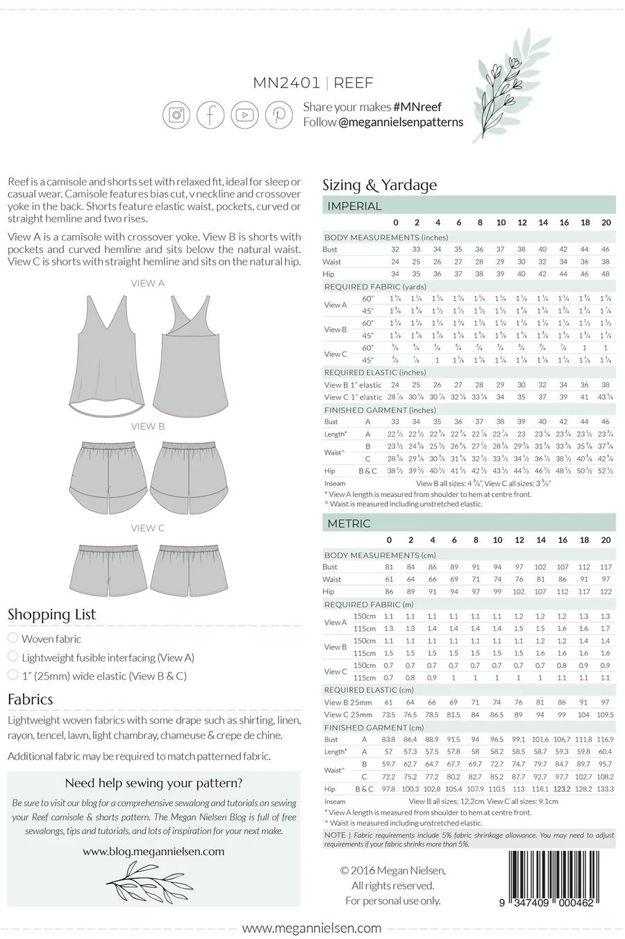 Reef camisole & shorts set pattern