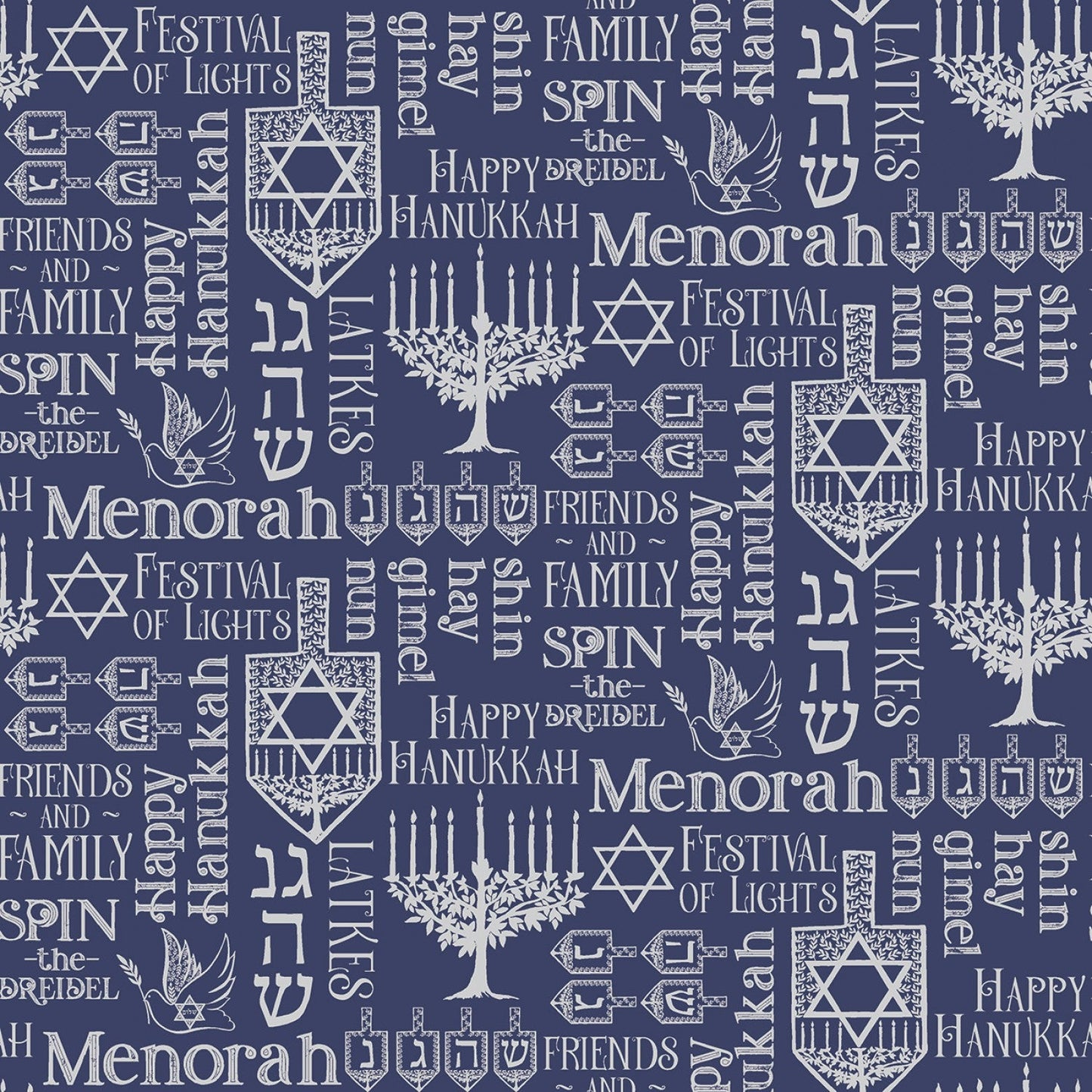Festival Of Lights - Hanukkah Symbols - Metallic Silver on Blue - Cotton Fabric